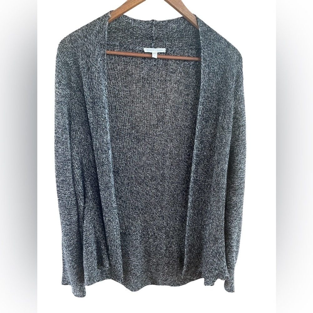 EILEEN FISHER Organic Linen Marled Mesh Knit Cardigan Gray Sz S